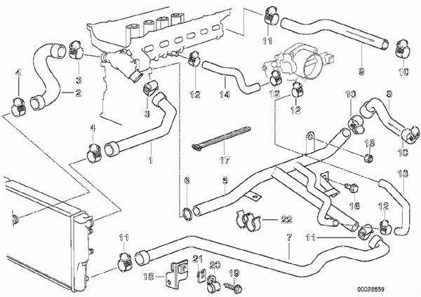 Водяной шланг системы охлаждения для BMW E39 528i M52 (схема запчастей)