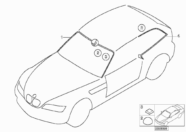 Остекление, дополнительные элементы для BMW Z3 Z3 3.0i M54 (схема запчастей)