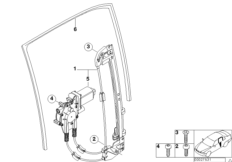Механизм перемещения стекла двери Зд для BMW E39 525d M57 (схема запасных частей)