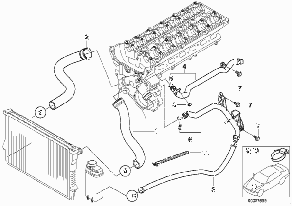Водяной шланг системы охлаждения для BMW Z3 Z3 2.2i M54 (схема запчастей)