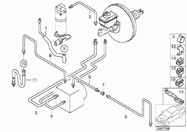 Трубопровод тормоз.привода Пд с ASC/DSC для BMW E39 540iP M62 (схема запчастей)