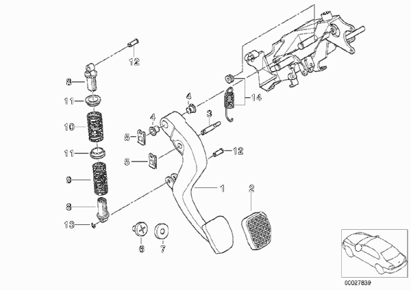 Опорный кронштейн педали/педаль сцепл. для BMW E39 520d M47 (схема запчастей)