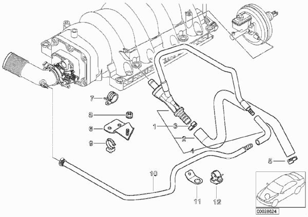 Двигатель с вакуумной сист.управления для BMW E38 735i M62 (схема запчастей)