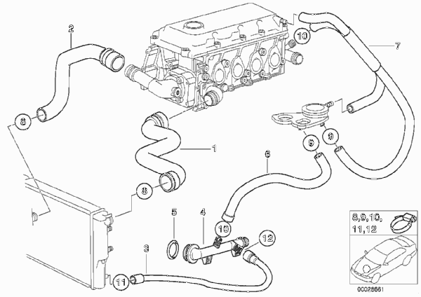 Водяной шланг системы охлаждения для BMW E36 316i 1.9 M43 (схема запчастей)