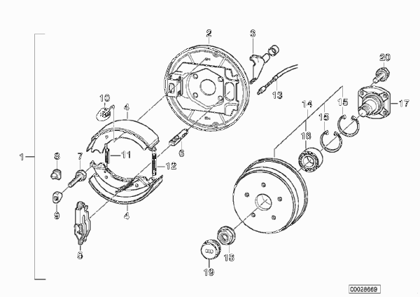 Детали тормозн.механизмов колес прицепа для BMW E36 323i M52 (схема запчастей)