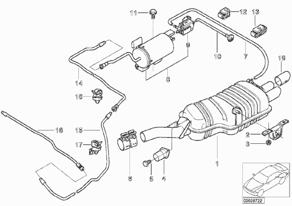 Дополнительный глушитель Зд с заслонкой для BMW E46 323Ci M52 (схема запчастей)