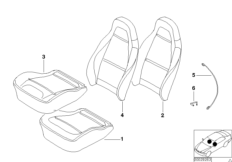 Набивка и обивка спортивного пер.сиденья для BMW Z3 Z3 3.0i M54 (схема запасных частей)