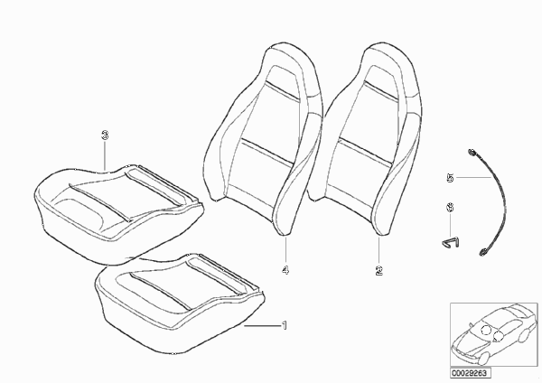 Набивка и обивка спортивного пер.сиденья для BMW Z3 Z3 3.0i M54 (схема запчастей)
