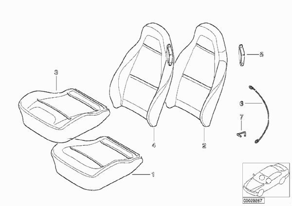 Набивка и обивка спортивного пер.сиденья для BMW Z3 Z3 2.2i M54 (схема запчастей)