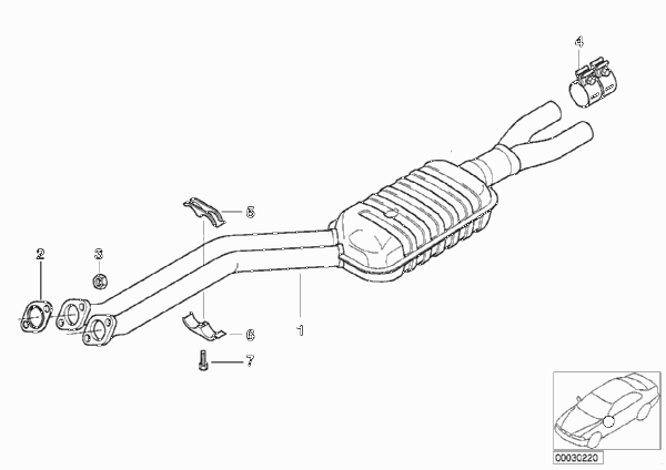 Передний дополнительный глушитель для BMW E38 728i M52 (схема запчастей)