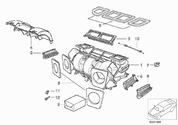 Детали корпуса кондиционера для BMW E39 520i M52 (схема запчастей)