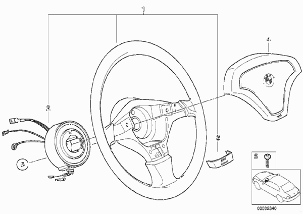Спортивное рулевое колесо с НПБ для BMW E39 523i M52 (схема запчастей)