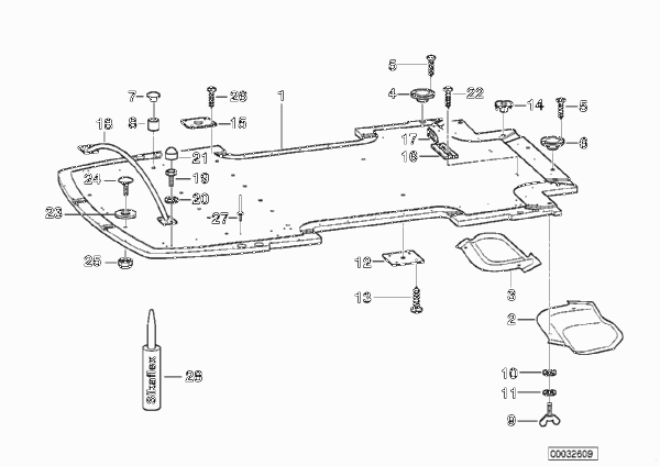 Детали днища прицепа для BMW E46 330xd M57 (схема запчастей)