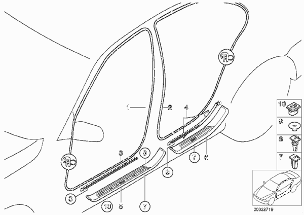 Защитная окантовка/накладка порога для BMW E39 520i M52 (схема запчастей)