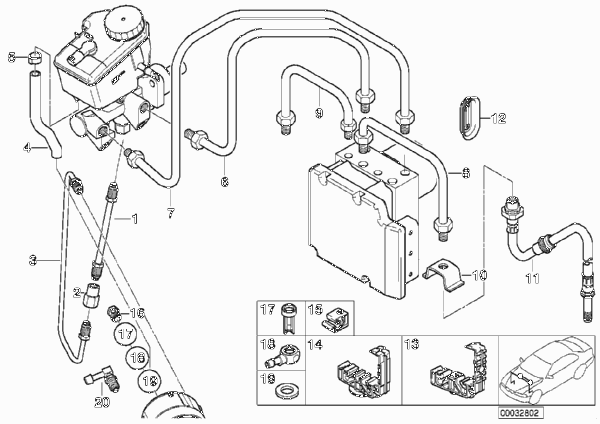 Трубопровод тормозного привода Пд с DSC для BMW E46 318Ci M43 (схема запчастей)