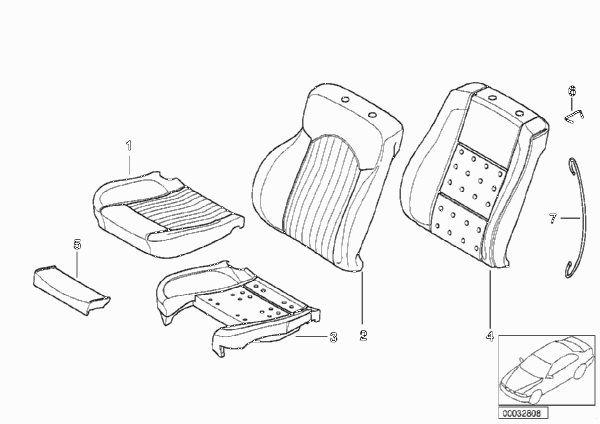 Набивка и обивка спортивного пер.сиденья для BMW E39 M5 S62 (схема запчастей)