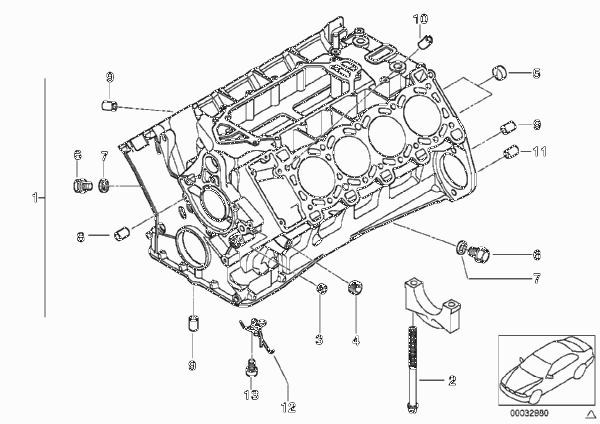 Блок-картер двигателя для BMW E65 740d M67 (схема запчастей)