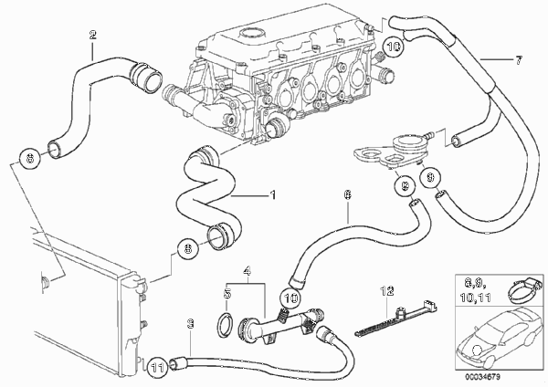 Водяной шланг системы охлаждения для BMW Z3 Z3 1.9 M43 (схема запчастей)