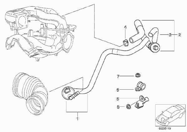 Двигатель с вакуумной сист.управления для BMW E36 316i 1.9 M43 (схема запчастей)