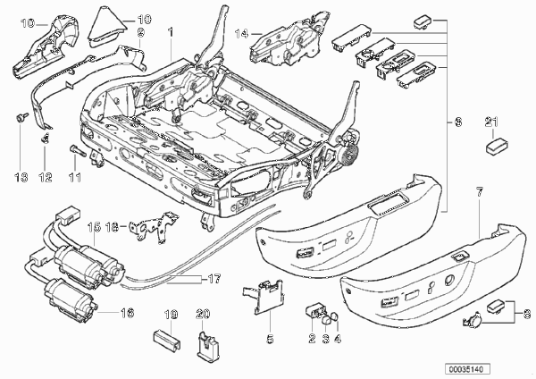 Каркас спинки контурн.сиденья/накладки для BMW E38 750iLP M73N (схема запчастей)