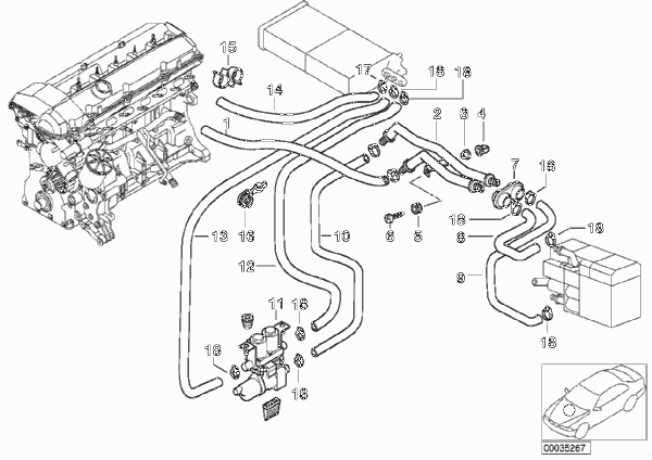 Водяные шланги, помпа, клапан для BMW E38 740d M67 (схема запчастей)
