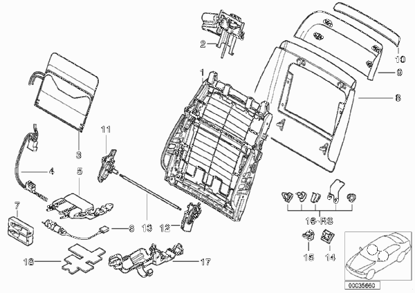 Сиденье Пд-каркас спинки/задняя панель для BMW E38 750iLP M73N (схема запчастей)