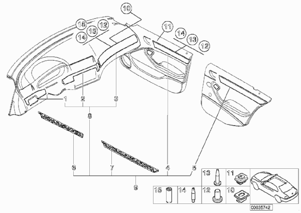Декоративные планки Interieur для BMW E46 320i M54 (схема запчастей)