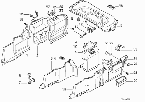 Обшивка багажного отделения для BMW E38 L7 M73 (схема запчастей)