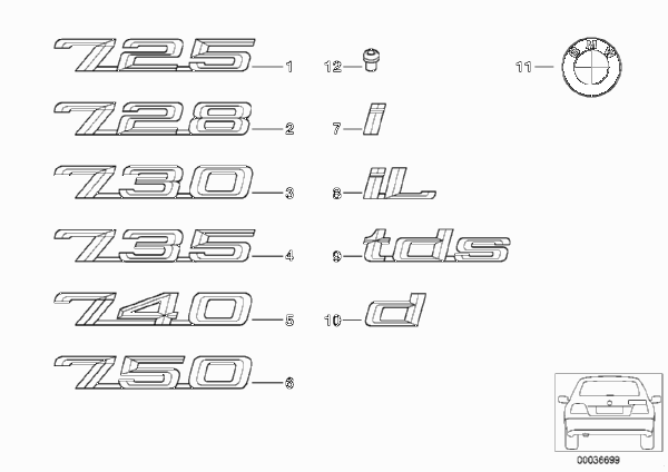 Эмблемы / надписи для BMW E38 750i M73N (схема запчастей)