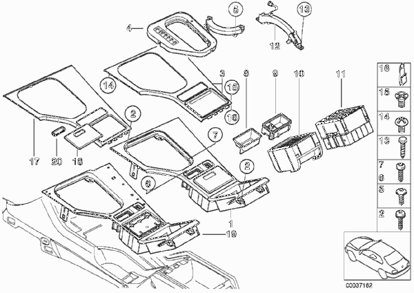Доп.элементы центральной консоли для BMW E39 525d M57 (схема запчастей)