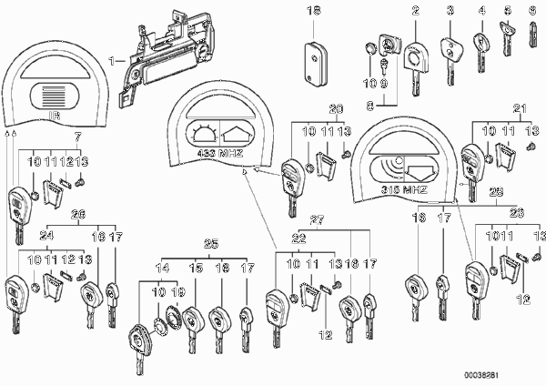 Ручка двери Пд/запорный механизм/ключ для BMW E36 328i M52 (схема запчастей)