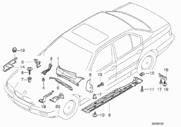 Детали кузова съемные/днище/мотор.отсек для BMW E38 750iL M73N (схема запчастей)