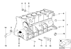 Блок-картер двигателя для BMW E36 320i M52 (схема запасных частей)