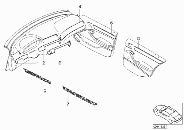 Детали декоративных планок Individual для BMW E46 318d M47N (схема запчастей)