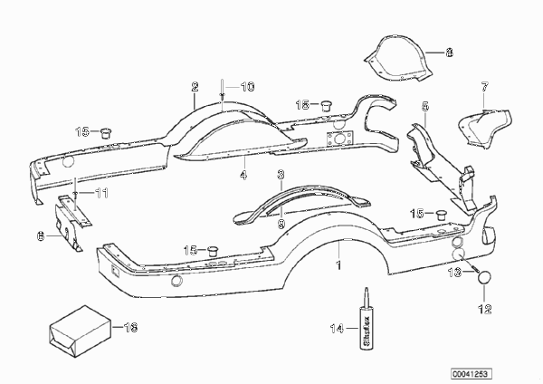 Детали прицепа пластмасса для BMW E34 525i M50 (схема запчастей)