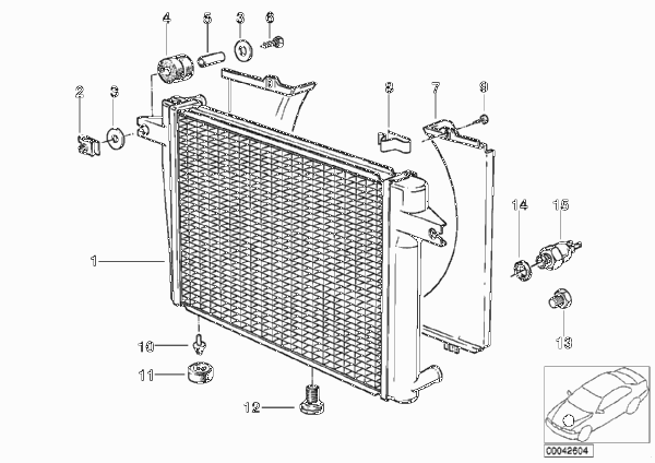 Радиатор водян.охлажд./кожух вентилятора для BMW E30 320i M20 (схема запчастей)