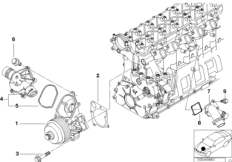 Водяная помпа сист.охлаждения/термостат для BMW E53 X5 3.0d M57 (схема запасных частей)