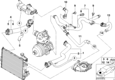 Водяной шланг системы охлаждения для BMW E39 525d M57 (схема запасных частей)
