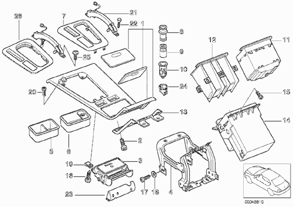Доп.элементы центральной консоли для BMW E38 728i M52 (схема запчастей)