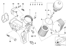 Масляный фильтр смаз.сист.,теплообменник для BMW E46 318d M47 (схема запасных частей)