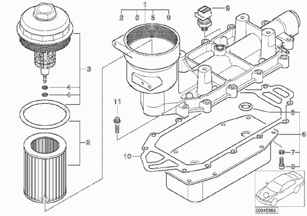 Масляный фильтр смаз.сист.,теплообменник для BMW E65 740d M67 (схема запчастей)