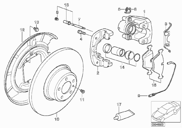 Датчик износа торм.накладки колеса Зд для BMW E38 750i M73N (схема запчастей)