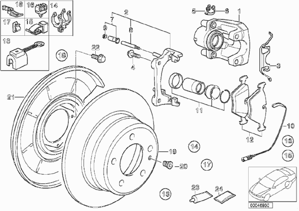 Датчик износа торм.накладки колеса Зд для BMW E36 328i M52 (схема запчастей)