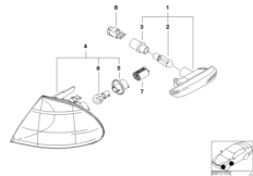 Фонарь указателя поворота Пд/Пд Бок для BMW E46 325i M54 (схема запасных частей)