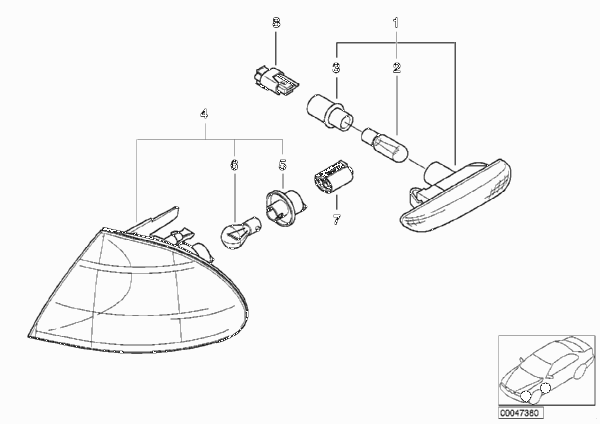 Фонарь указателя поворота Пд/Пд Бок для BMW E46 328i M52 (схема запчастей)