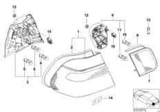 Блок задних фонарей для BMW E46 323i M52 (схема запасных частей)