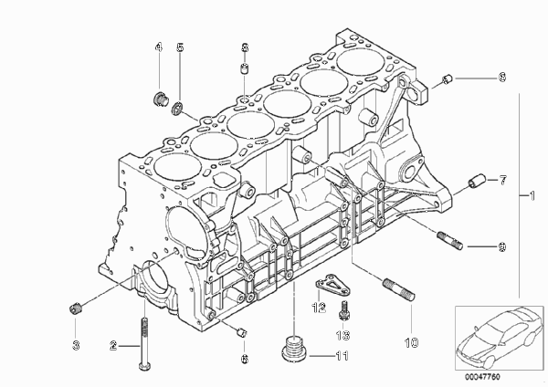 Блок-картер двигателя для BMW E46 325xi M54 (схема запчастей)
