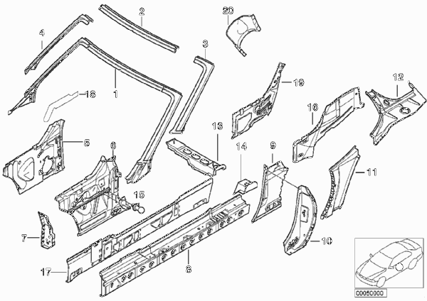 Детали бокового каркаса для BMW Z3 Z3 2.8 M52 (схема запчастей)