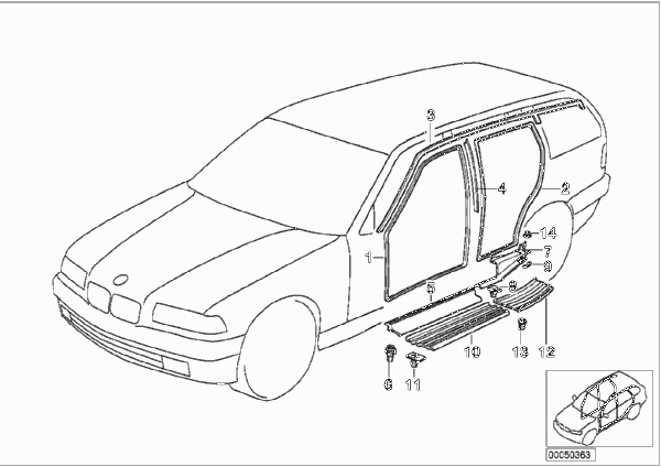 Защитная окантовка/накладка порога для BMW E36 318tds M41 (схема запчастей)