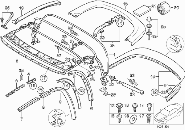 Складной верх дополнительные элементы для BMW Z3 Z3 M3.2 S54 (схема запчастей)
